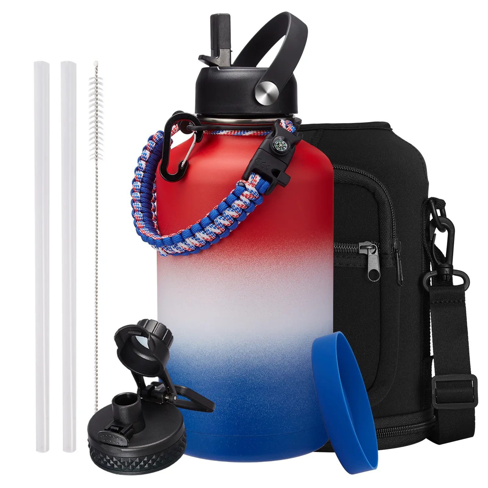 64/40/32 oz Insulated Water Bottles with Straw & Auto Chug Lid, Paracord Handle, Metal Gallon Flask Keep Cold-48H & Hot-24H, Double Vacuum Stainless Steel Travel Jug with Carrying Case for Gym Workout Running