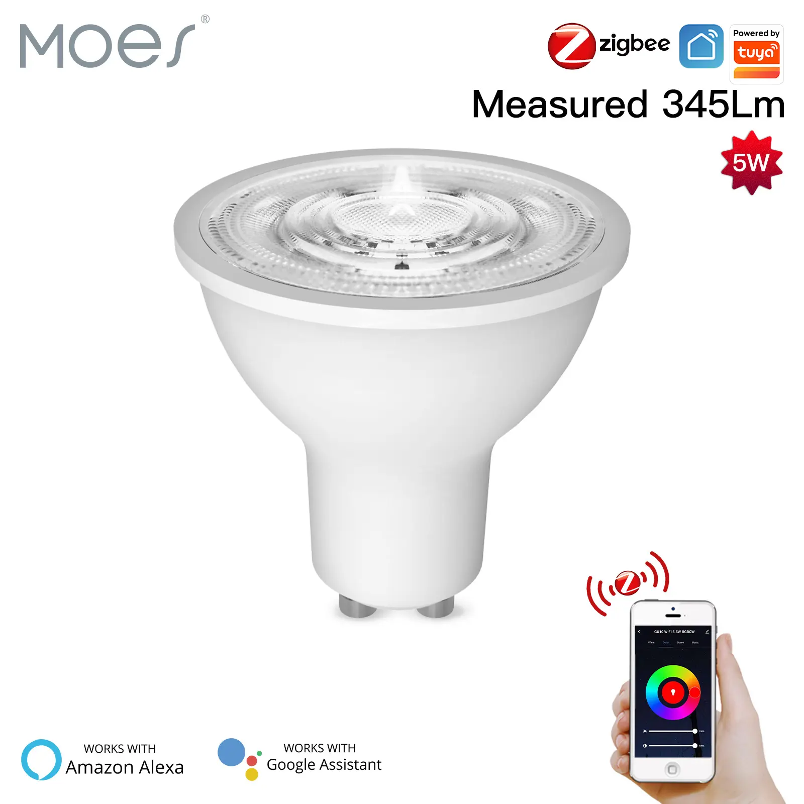 MOES Zigbee GU10 Smart Bulb with RGB & Tunable White, ZigBee 3.0 — Fast, Stable, Scene-Ready, Works with Amazon Alexa & Google Home, Voice & Group Control,for Downlights & Table Lamps.