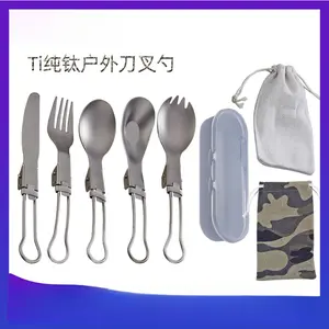 Pure titanium outdoor portable cutlery for camping and hiking, ultra-light titanium spoon, titanium alloy fork, foldable knife, fork, and spoon set