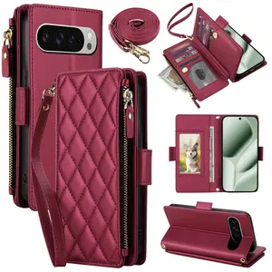 HISTORYOO 9 Cards Slots Holder Wallet Case For Google For Pixel 10 Pro XL 10 9 Pro 9A Handbag Luxury Large Capacity PU Leather Zipper Cash Coin Purse Bag Flip Kickstand Shockproof Full Body Protection Cover Wristlet Wrist Crossbody Lanyard Strap For Mom