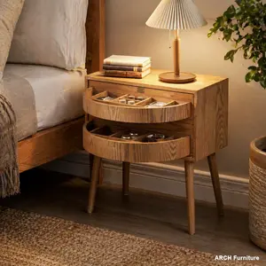 Mid-Century Modern ARCH Rotating Nightstand - Bedside Cabinet with Hidden Compartment, Rattan Surface, Tall Legs, Wood Grain, Quick Setup, Drawer, Concealment End Table for Bedroom, Living Room, Natural