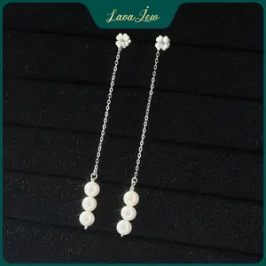 LavaJewelry Long Pearl Drop Earrings, Long Pearl Earrings, Dangle Pearl Earrings, 925 Silver Earrings for Women
