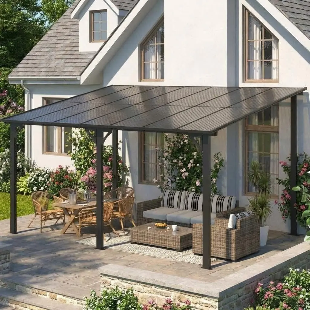 Garvee 10x14Ft Wall Mounted Gazebo, Hard Top Lean to Gazebo Pergola with Roof & Gutters, Large Wall-Mounted Heavy Duty Awnings, Outdoor Gazebo for Patio, Deck, Porch, Backyard, Black