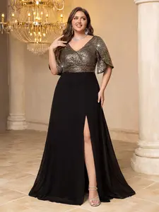 Plus Size V Neck Ruffle Sleeve Glitter Sequin Patchwork Chiffon Split Evening Gown Dress, Elegant Party Wear, Formal Event Attire