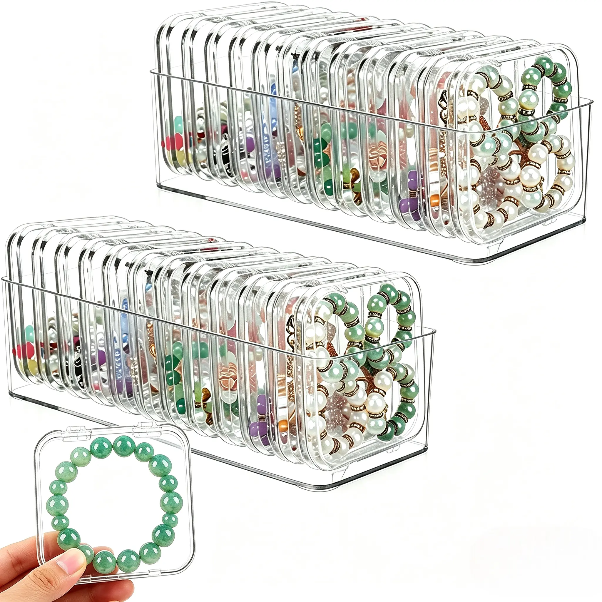 24 Pcs Clear Travel Jewelry Cases with Storage Box Plastic Jewelry Organizer Protective Container for Bracelets, Necklaces, Earrings, Powder Puff, Press-on Nails