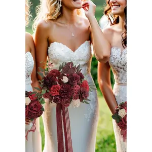 TINGE TIME 11'' Burgundy Red Bridal Bouquet - Elegant Wedding Flowers for Bride, Bridesmaid & Anniversary Decor Set Mint fake flower