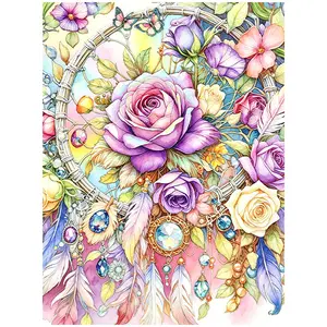 Watercolor Purple Rose Boho Dreamcatcher Diamond Art Kit - 11.8"×15.7"