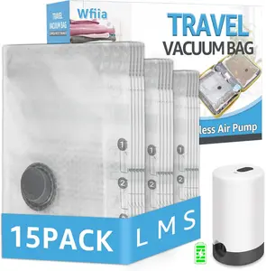 15 Packs Vacuum Bags for Travel with Rechargeable Pump, 3 Sizes Vacuum Seal Bags for Clothing, Compression Vacuum Travel Bags for Luggage, Vacuum Packing Bags for Closet Organization Wfiia