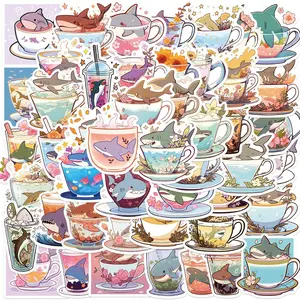 Shark Cup Pattern Sticker, 50pcs/set Cute Cartoon Decorative Sticker, DIY Decals for Water Bottle, Laptop, Phone Case, Scrapbooking, Journal Making, Ornaments