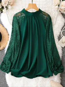 Elegant Women's Stand Collar Long Sleeve Chiffon Lace Top Blouse, Sweet Cool Style Lantern Sleeves Patchwork Design, Casual Daily