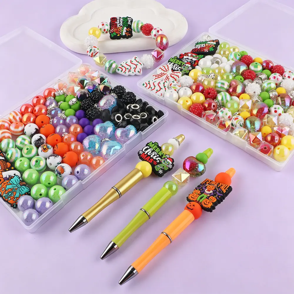 120pcs/Box Halloween Christmas Series Silicone Focal Beads Acrylic Beads Kit, Diy Beads Making Kit, Diy Jewelry Making Accessories for Keychain,Pen, Bracelet, Bead Assortment, Diy Beading Accessories, Diy Handmade Beads Gifts