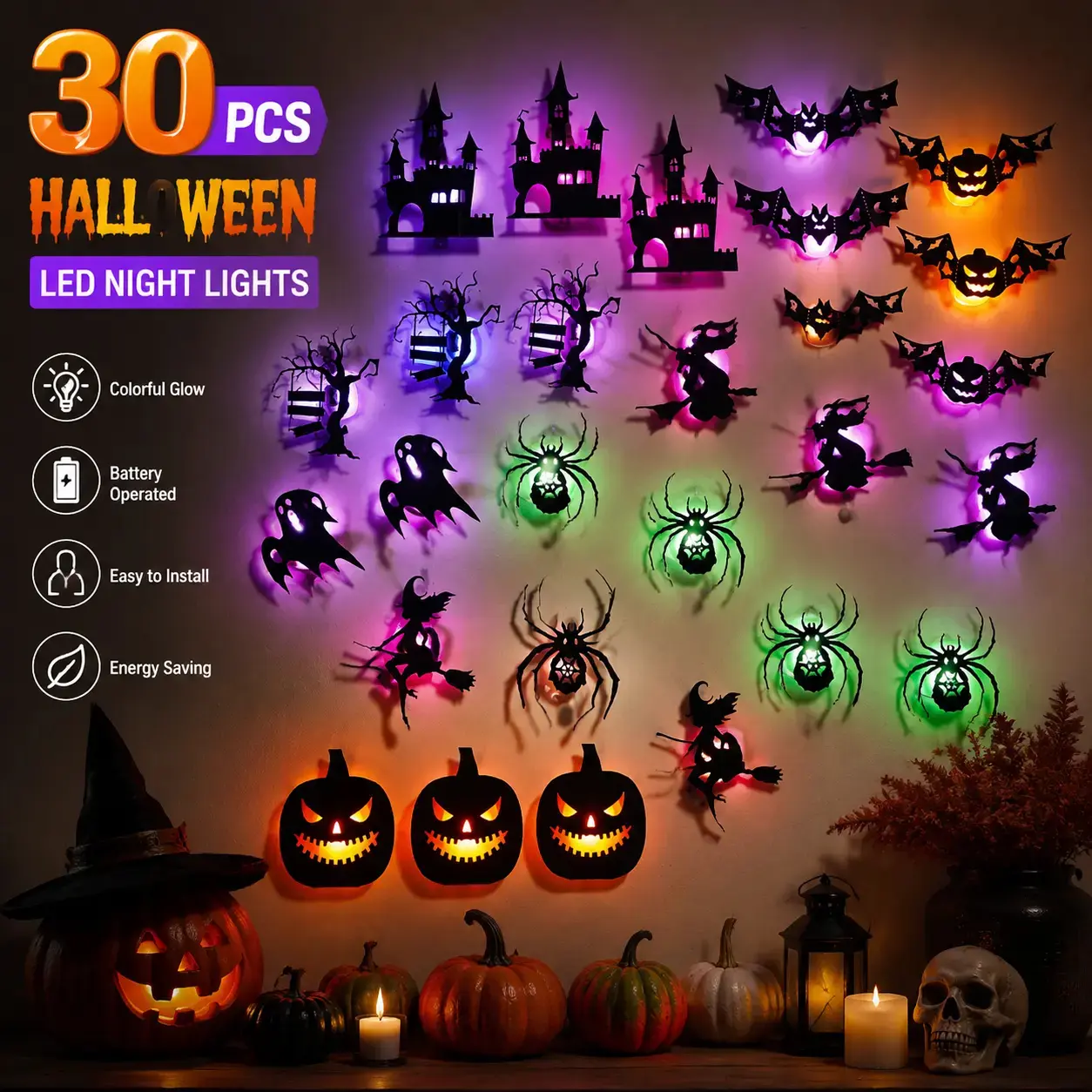 JOYTUTUS 8/30Pcs 3D Cutout Night Light Set Pack - Removable Spooky Glow Wall Stickers, Witch, Bat, Pumpkin, Castle, Ghost, Spider, Tree Decoration for Halloween Home, Party, Car Accessory