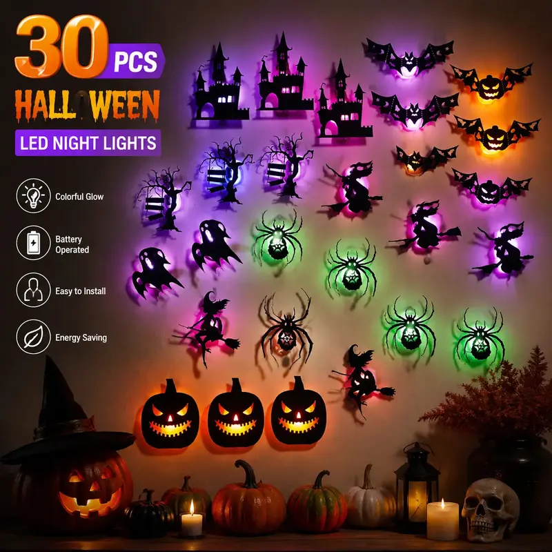 JOYTUTUS Halloween 3D Cutout Night Light Set - 8/30Pcs Removable Spooky Glow Wall Stickers (Witch,Bat,Pumpkin,Castle,Ghost,Spider,Tree) for Indoor Halloween Wall Decor, House & Ghost-Themed Accents