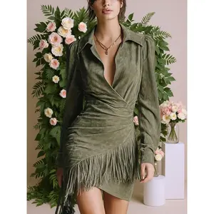 Women'S Solid Color Lapel Waist-Cinched Irregular Hem Flared Long Sleeve Bodycon Dress
