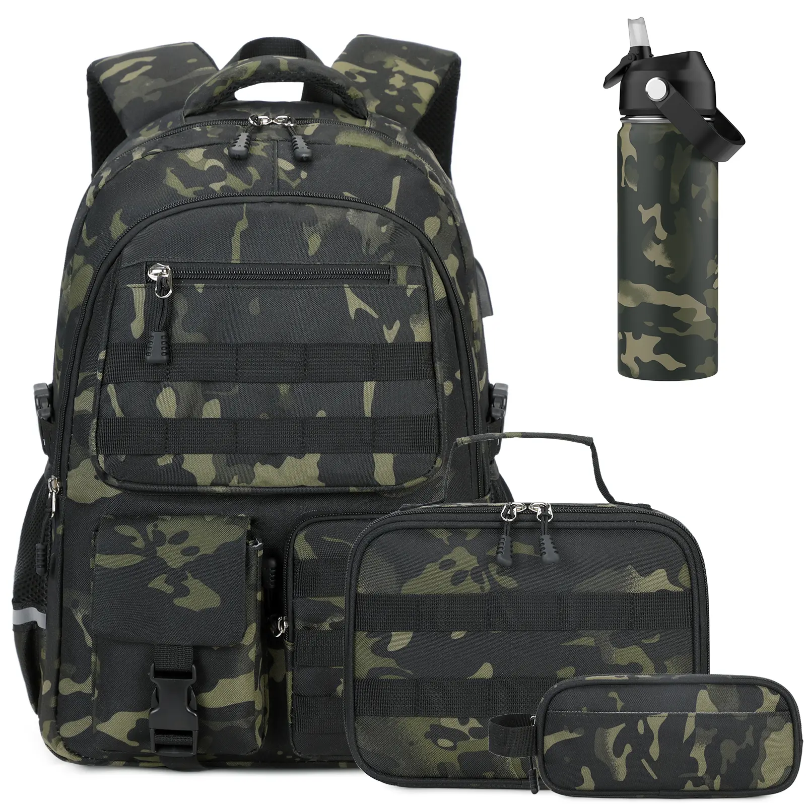 Similove 3/4PCS Army Print Backpack for Boys, Travel Tactical Boy Backpacks with Insulated Water Bottle/Sling Bag, USB Charging Military Army SchoolBags for Boy, Active Lifestyle Bag for Teens Kids Elementaryort Middle High School
