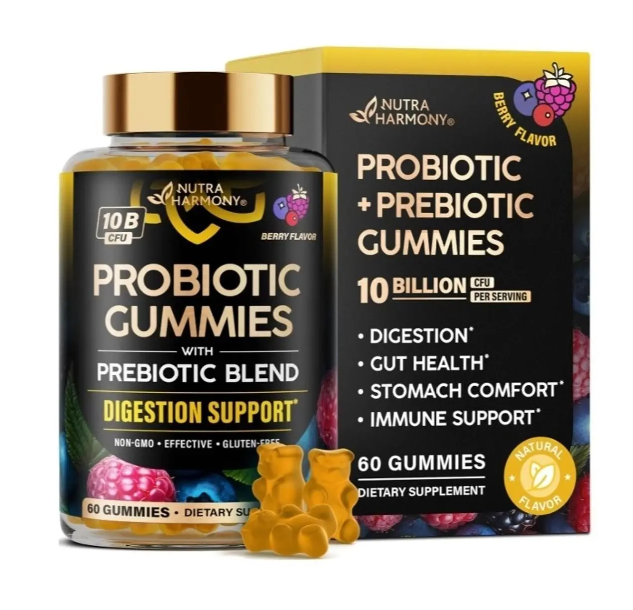 Probiotic Gummies 10B CFU with Prebiotic Fiber - Digestion & Immune Support - Debloat, Stomach & Gut Comfort - Probiotics for Women & Men - Natural Berry Flavor - Vegan & Sugar-free - 60 Gummies