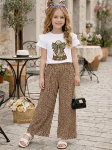 Girls' Summer Casual Fashion Set, Leopard Print Set, Short Sleeve Round Neck Top & Pleated Long Pants, Fashionable Kids Clothing for Outdoor Wear