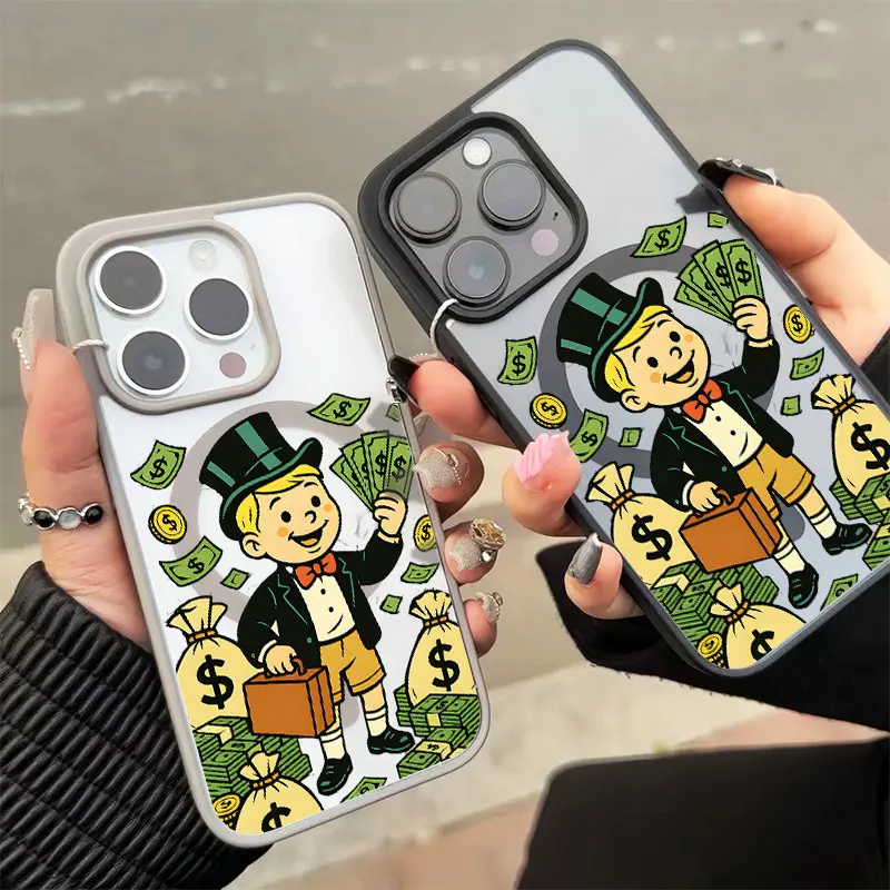 Cartoon Rich Boy Dollar Money Bag Phone Case For iphone 17 16 15 14 13 12 11 X XS PRO PLUS MAX AIR Transparent Tpu Soft Shell Smartphone PhoneCases Perfect Gift Wild Pattern High-end Fashion Ideal Birthday Gift Tough Artistic Cat Phone Case Q294