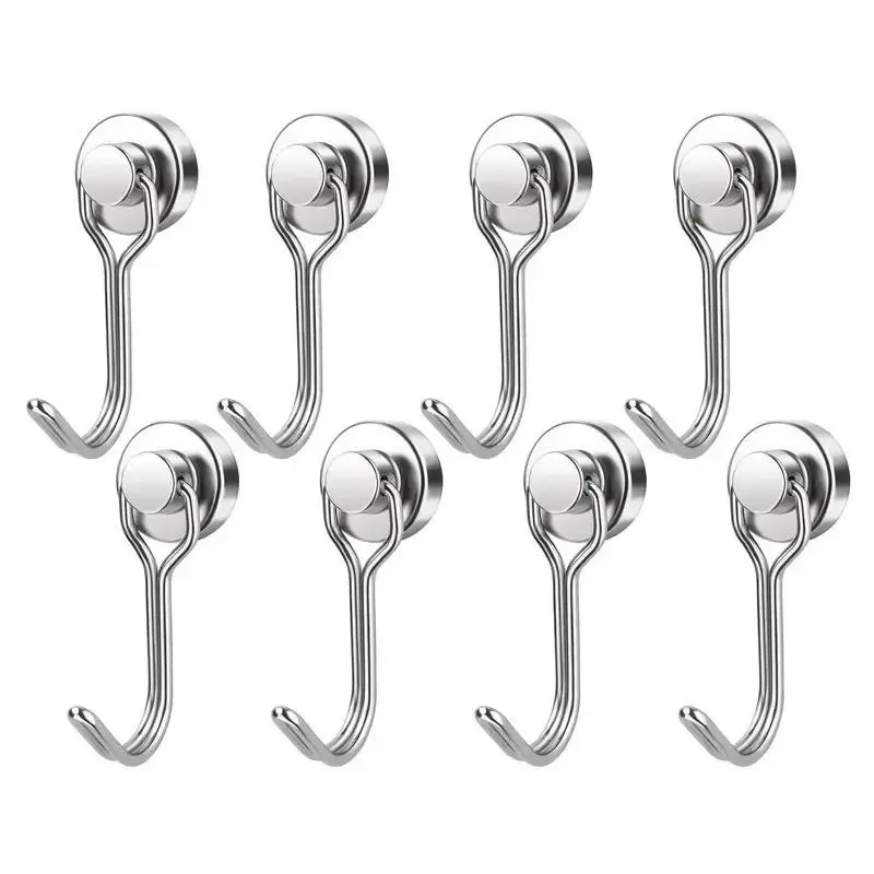 Durable 8/16-Pack Small Compact Triple-Coat Smooth Metal Swivel Swing Neodymium Magnetic Hook Set, 30LBS Strong Hold 0.62" Diameter Steel Organizer with Magnetic Mount, Multi-Functional Vertical Hooks & Rails for Cruise Cabins, Kitchen, Bathroom Surfaces