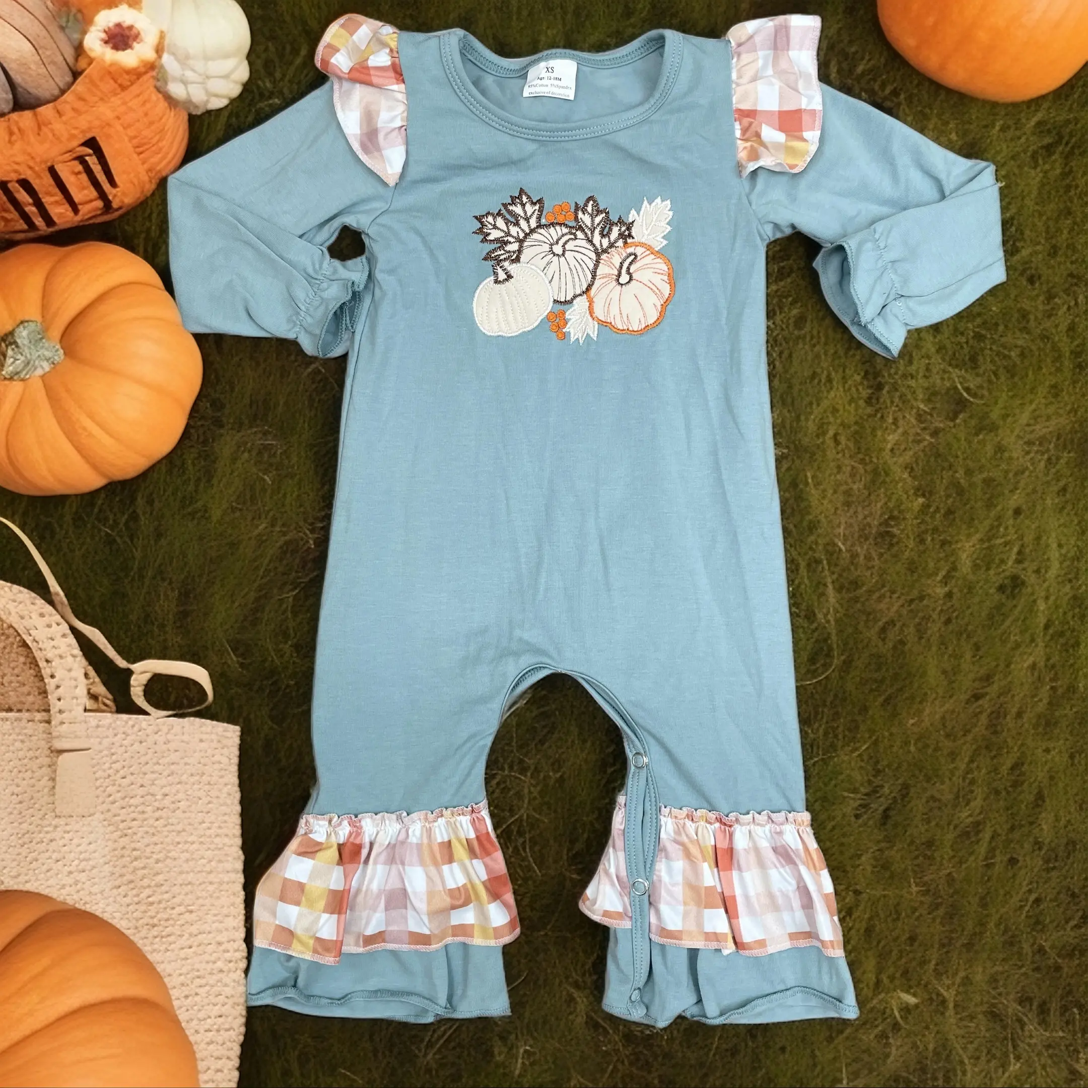 Newborn Girl Outfits, Baby Girls' Embroidered Pumpkin Romper with Ruffles, Cotton Long Sleeve Halloween Set with Headband, Baby Girls Clothing