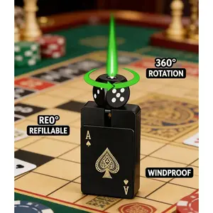 Stylish Windproof Playing Card Lighter with Rotatable dice,Green Flame Novelty gift for boyfriend,husband,friend