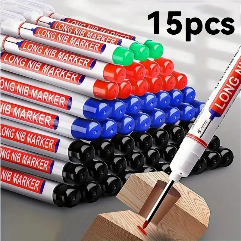15-Pcs Long Nib Markers - Oil-Based Carpenter's Pens, Permanent Marker for Deep Holes, Ideal for Ceramic, Wood, Plastic, Metal - Perfect for Bathroom Installation & Decoration, Construction Tools
