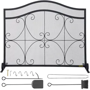 VEVOR Fireplace Screen, 38 x 26.5 Inch,Heavy Duty Iron Freestanding Spark Guard with Support, Metal Mesh Craft, Broom Tong Shovel Poker Included for Fireplace Decoration & Protection, Black