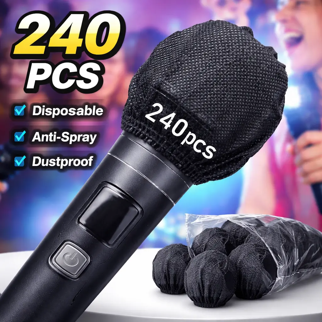 240-Pack Disposable Microphone Covers – Individually Wrapped Non-Woven Mic Windscreens with Elastic Design, Sanitary Pop Filters for Standard Handheld Mics – Ideal for Karaoke, Church, Stage, and Recording