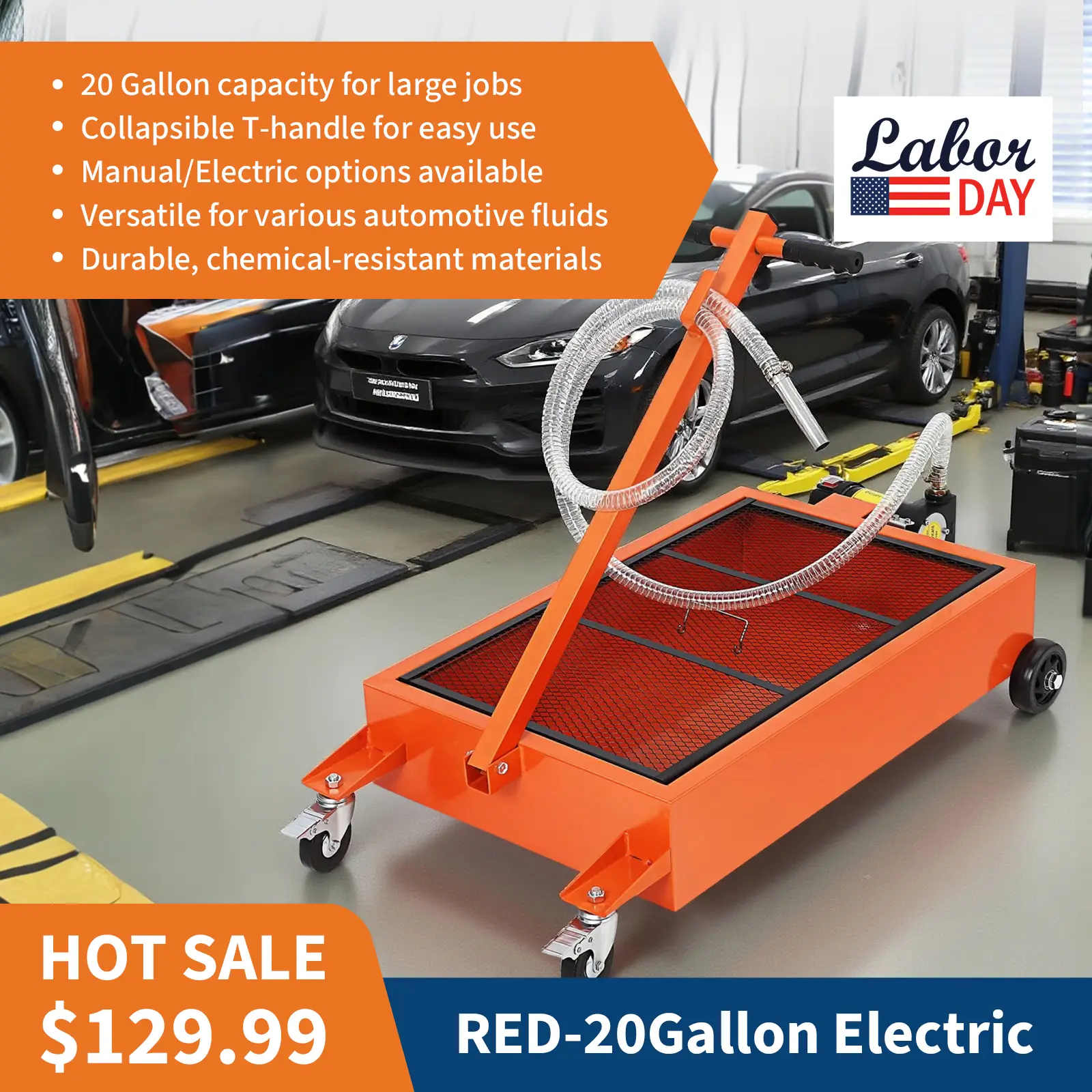 【GARVEE】Oil Drain Pan-20 Gallon and 15 Gallon Low Profile Options with Hand or Electric Pump, Includes 8ft Hose & Folding Handle, Perfect for Efficien