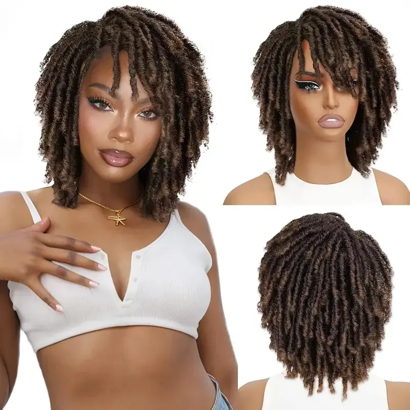Pre Styled Synthetic Fiber Dreadlock Integrated Synthetic Full Machine Wig, Short Braided Afro Bob Style, Black Crochet Twists, Natural Look, Layered Breathable Faux Locs, for Women, Pre Styled Wig, Synthetic Fiber Wig