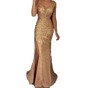 Women's Gold Sequin Mermaid Prom Dress - Deep V-Neck Sleeveless High Slit Formal Gown with Gradient Sparkle for Evening Party, Wedding Guest, Red Carpet