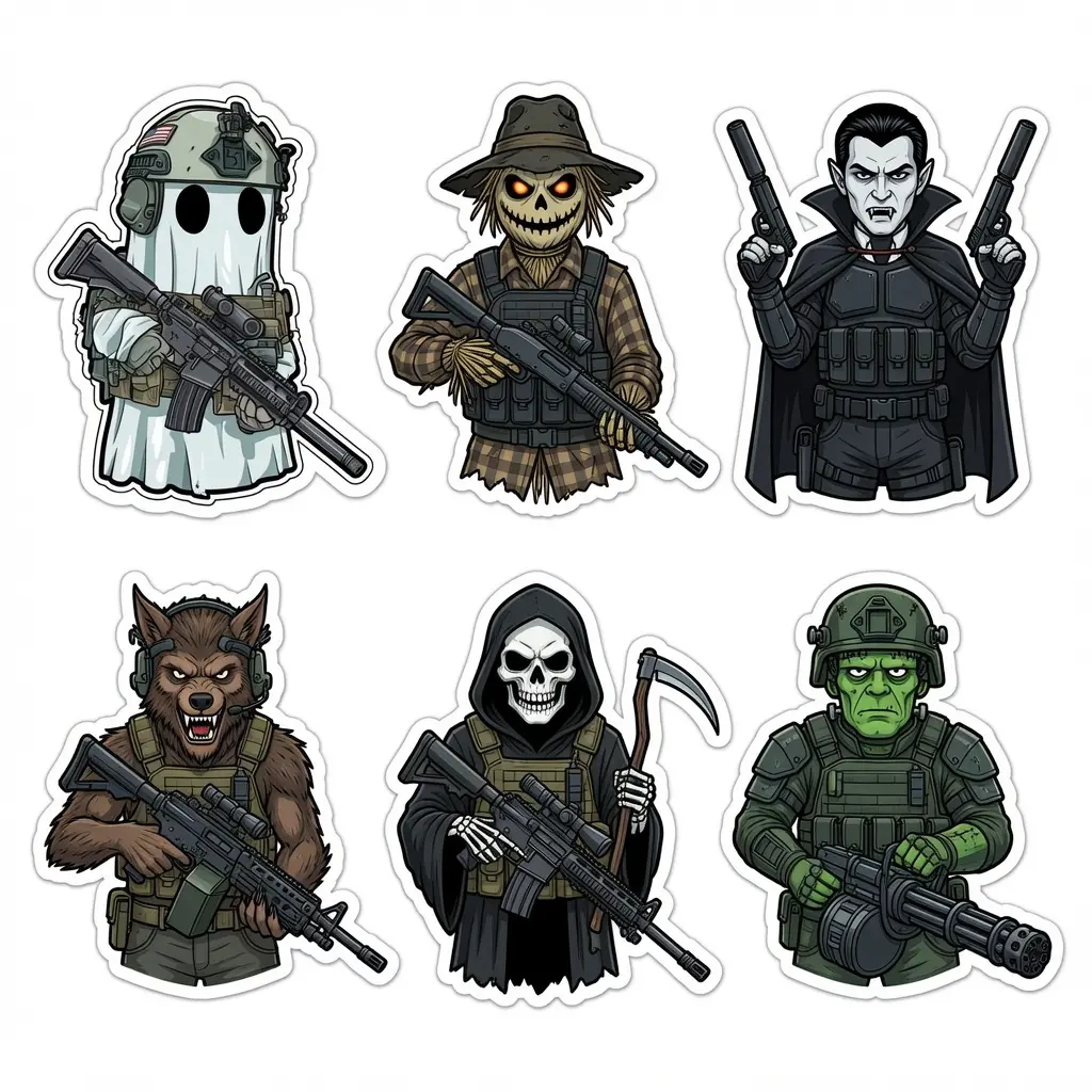 Tactical Halloween Monsters Vinyl Sticker Pack | Military Ghost, Grim Reaper & Werewolf Decal for Helmet, Gun Case & Laptop