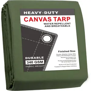 Finished Size 10x12 Feet Canvas Tarp with Rustproof Grommets, Multipurpose Cover for Tent, Roof, Camping, Woodpile