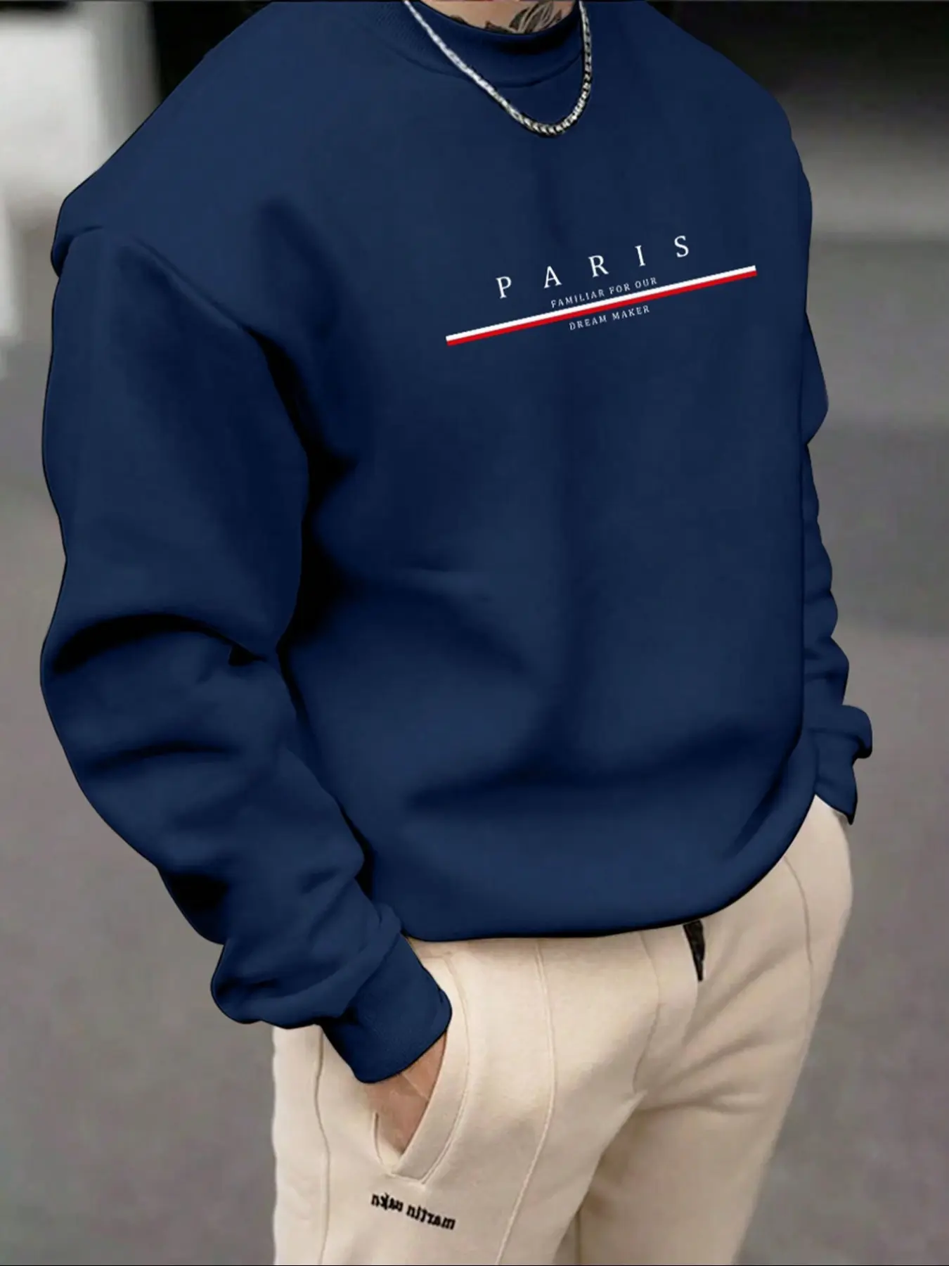 Men's Long Sleeve Round Neck Fleece Pullover Sweatshirt, Fashion Paris Letter Print Casual Warm Winter Top, Basic Style