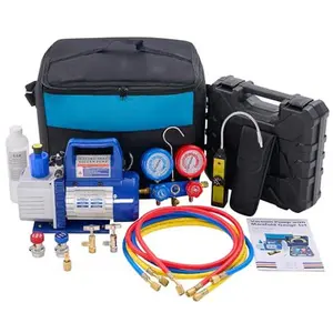 110V 1/3 HP 4 CFM Single Stage Vacuum Pump Kit with R134a Manifold Gauge Set, Leak Detector, 1/4" Hoses & Carry Bag – Complete HVAC AC Refrigeration Service Kit – ETL Listed