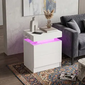 White Modern Nightstand With US Plug Charging Station Remote Control LED Ambient Light Soft Close Drawers Space Saving Bedside End Table For Home Bedroom Decor Furniture