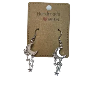 Handmade with Love Crescent Moon & Star Dangle Earrings - Silver Tone, Unique Design, Perfect for Any Occasion