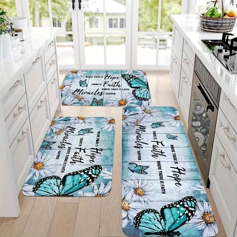 3pcs Farmhouse Style Kitchen Mats, Daisy Butterfly Wood Plank Carpet, Spring, Summer And Autumn Kitchen Carpet, Corridor Carpet, Flannel Material Is Soft