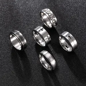 5Pcs Stainless Steel Spinner Rings Set For Men, Cool Stackable Finger Rings With Cross Spider Roman Numeral Chain, Hypoallergenic Fade-Resistant Jewelry For Daily & Party Wear, Ideal Holiday Birthday Gift For Him