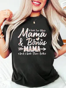 I Have Two Titles Mom And Step Mom Bonus Mom Mothers Day T-Shirt Women Graphic Print T Shirt, Casual Crew Neck Short Sleeve Top, Cotton Knit Fabric, Regular Fit, All-Season Wear