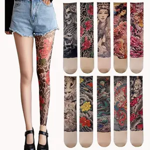 2026 Unisex Japanese-Style Floral Tattoo Print Tights, 360° Seamless Flower Leg Tattoo Thigh High Stockings, Y2K Harajuku Streetwear