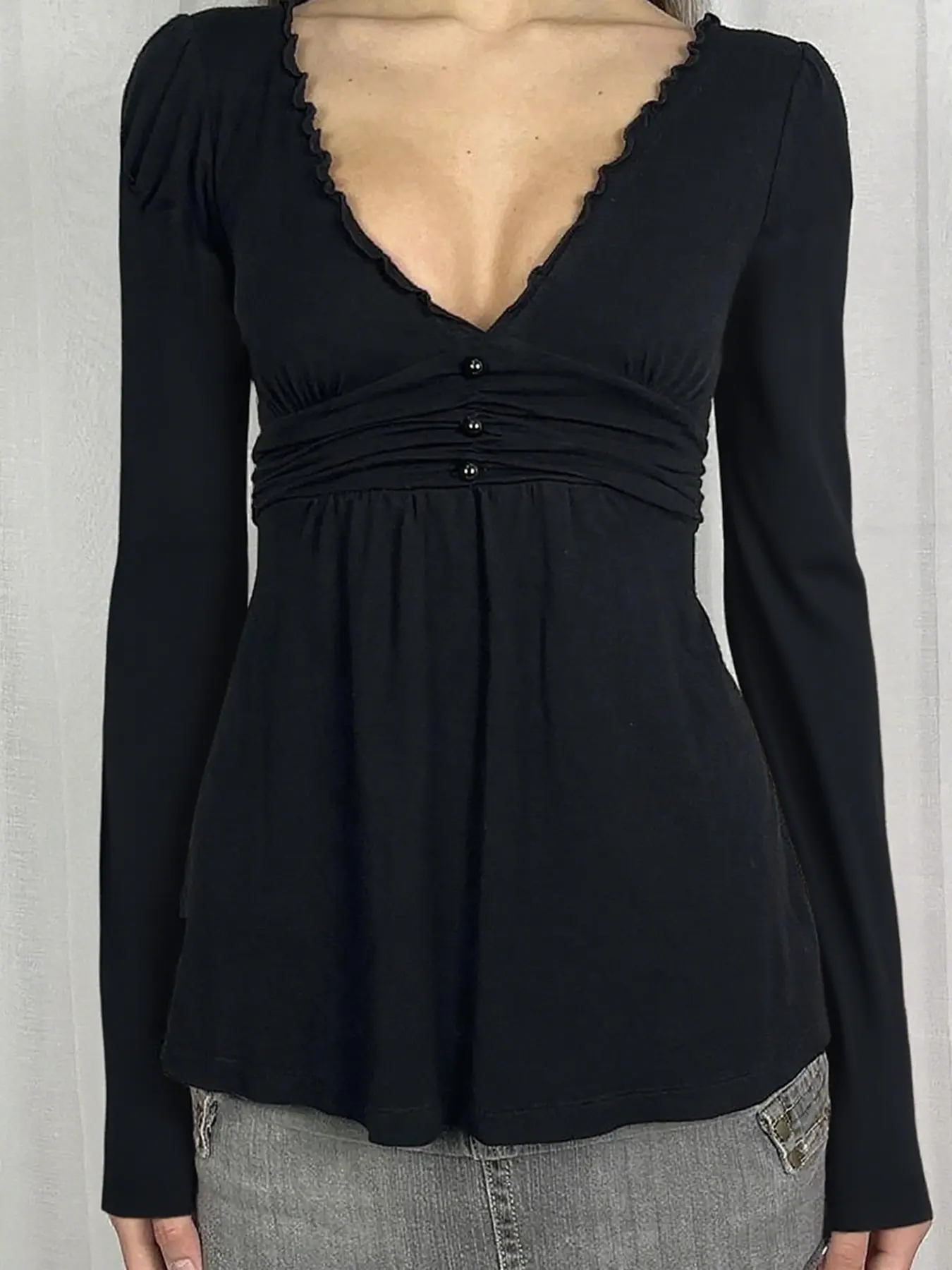 Elegant V Neck Lace Trim Long Sleeve T-Shirt for Women, Basic A-Line Vintage Style Top for Casual and Business Occasions, Casual Daily Tops