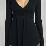 【Black Friday】Elegant V Neck Lace Trim Long Sleeve T-Shirt for Women, Basic Autumn Winter A-Line Vintage Style Top, Casual Everyday Tops, Perfect Casual Wear