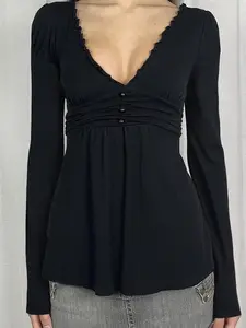 Elegant V Neck Lace Trim Long Sleeve T-Shirt for Women, Basic Autumn Winter A-Line Vintage Style Top, Perfect Casual Wear, Casual Business Top