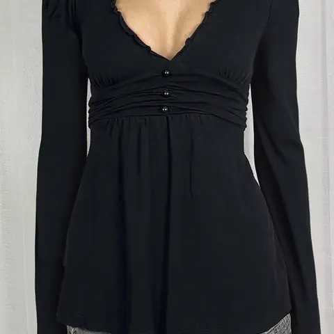 Elegant V Neck Lace Trim Long Sleeve T-Shirt for Women, Basic Autumn Winter A-Line Vintage Style Top, Casual Everyday Tops, Perfect Casual Wear
