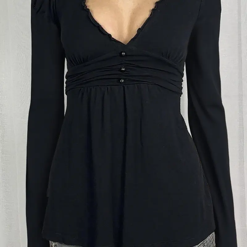 【Biack Friday】Elegant V Neck Lace Trim Long Sleeve T-Shirt for Women, Basic Autumn Winter A-Line Vintage Style Top, Casual Everyday Tops, Perfect Casual Wear