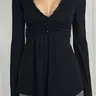 Elegant V Neck Lace Trim Long Sleeve T-Shirt for Women, Basic Autumn Winter A-Line Vintage Style Top, Casual Everyday Tops, Perfect Casual Wear