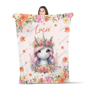 Custom Orange Flower Cute Girl Unicorn Blanket Throw Personalized Baby Blanket Throw Personalized Baby Blanket with Name for Girls Animals Customized Baby Gifts, Fleece Blanket, Sherpa Blanket