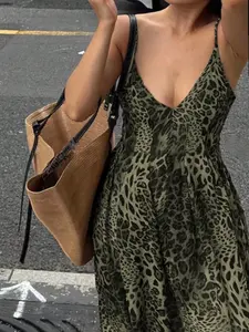 Sexy Leopard Print Backless V-Neck Summer Sleeveless Long Dress, Women's Fashion Casual Party Dresses, Comfortable & Stylish