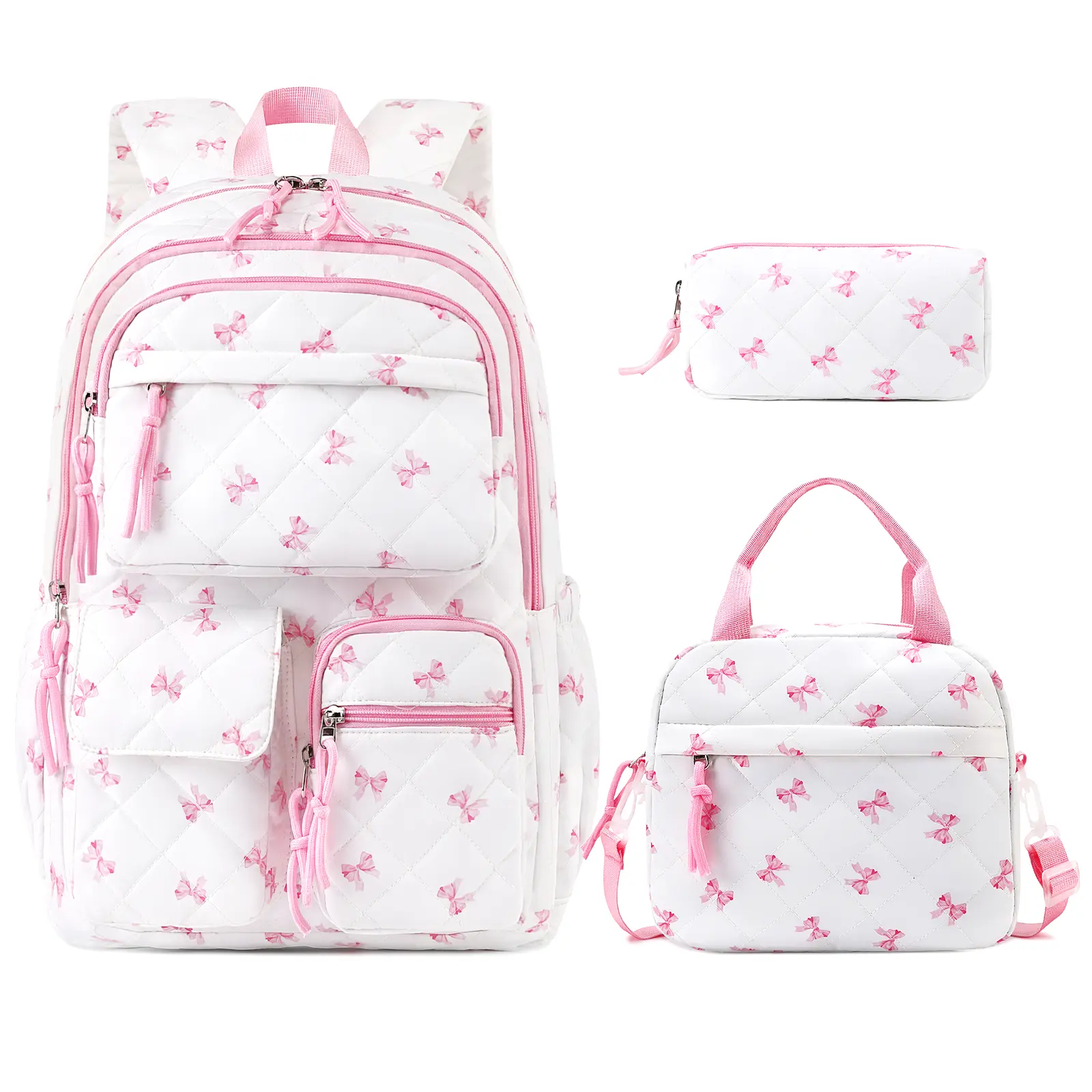 Similove 3PCS Quilted Floral Corduroy Backpack Bundle Set with Lunch Box & Pencil Pouch, School bag for Elementary Middle School,Back to School Gift,Birthday's Gift